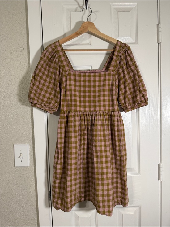 Madewell Dresses & Skirts - Madewell Pink & Olive Gingham Puff Sleeve Cotton Mini Dress Pockets